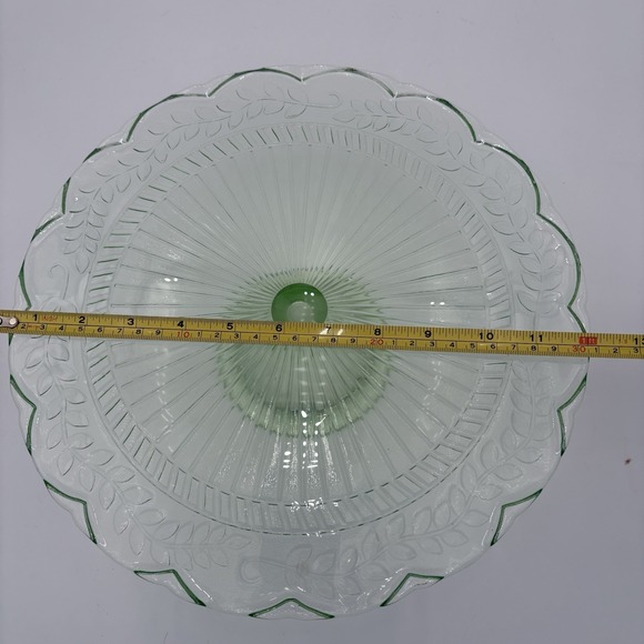 Green Glass Cake Stand Art Deco Depression Era Serving Plate 12" - Picture 3 of 8
